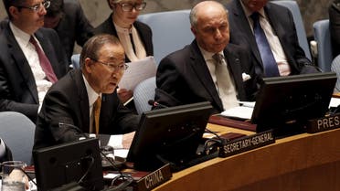 United Nations Secretary-General Ban Ki-moon (L) addresses a U.N. Security Council meeting on the crisis in the Middle East as French Foreign Minister and current Council President Laurent Fabius (R) looks on at U.N. headquarters in New York, March 27, 2015. (File Photo:Reuters)