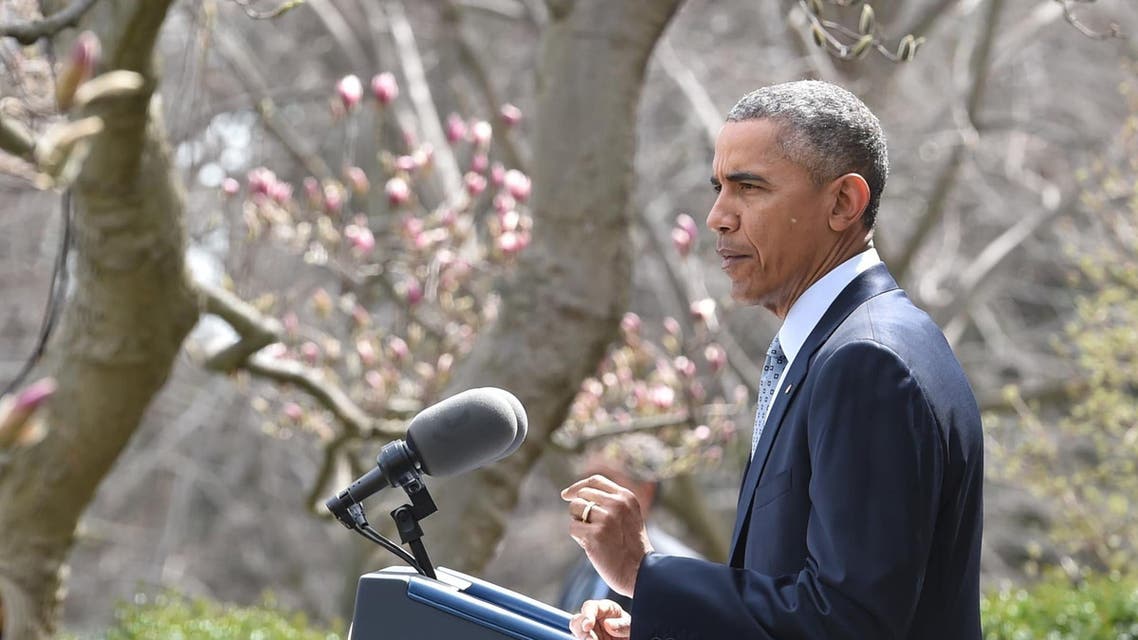 US President Bararck Obama gestures while making a statement at the White House in Washington, DC, on April 2, 2015. (AFP)