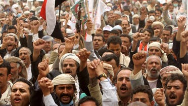 Supporters of Yemen's former President Ali Abdullah Saleh shout slogans during a rally against air strikes in Sanaa. (Reuters)