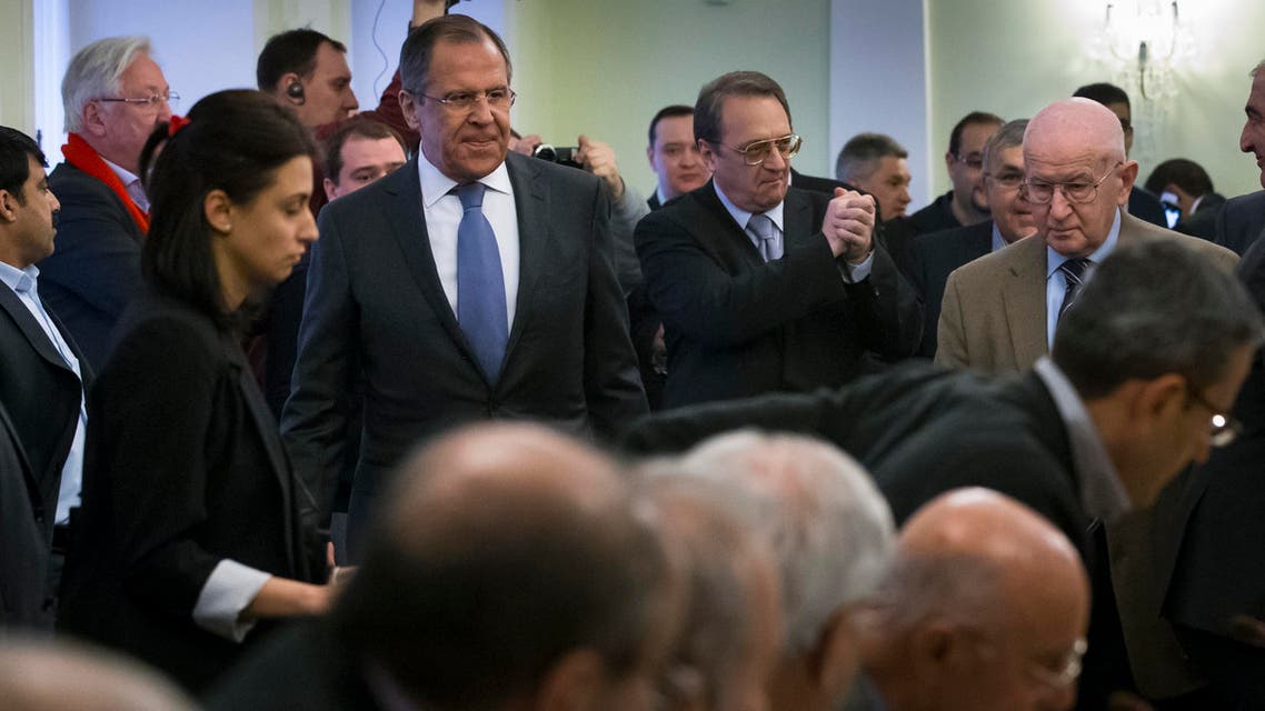 Russian Foreign Minister Sergey Lavrov, second left, arrives at a meeting of participants of consultations between representatives of the Syrian government and the Syrian opposition in Moscow, Russia, Wednesday, Jan. 28, 2015. (File Photo: AP)