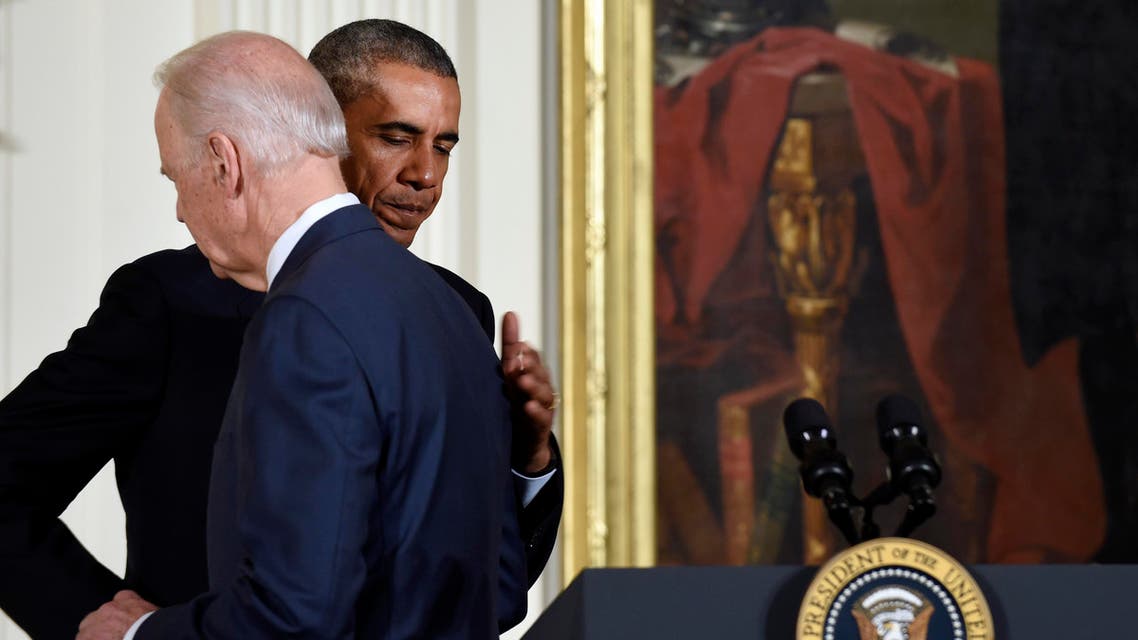President Barack Obama hugs Vice President Joe Biden during an Easter Prayer Breakfast at the White House in Washington, Tuesday, April 7, 2015.