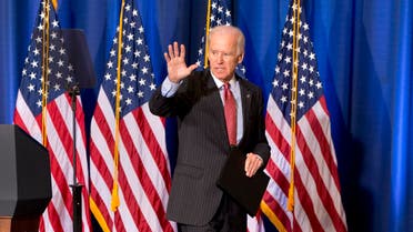 Vice President Joe Biden waves as he leaves after speaking about U.S. policy in Iraq, Thursday, April 9, 2015, at the National Defense University in Washington, in advance of Iraqi Prime Minister Haider al-Abadi’s visit to Washington, next week. (AP)