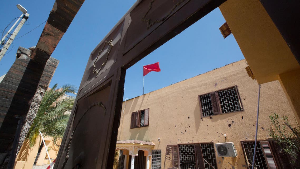 A flag flies over the Moroccan Embassy after a bomb placed in a garbage bin targeted the site in the capital, Tripoli. in Tripoli, Libya on Monday, April 13, 2015. (AP)