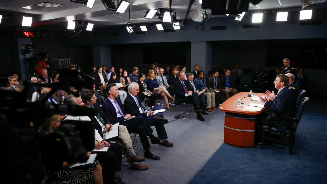 Defense Secretary Ash Carter, accompanied by Joint Chiefs Chairman Gen. Martin Dempsey, speaks during a news conference at the Pentagon, Thursday, April 16, 2015. (AP)