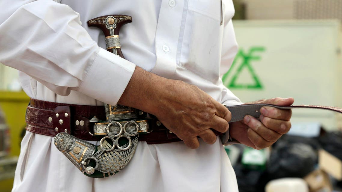 Misfer al-Qahtani, a 70 year-old retired National Guard officer wears his traditional Saudi dagger in Riyadh, Saudi Arabia. (File: AP)