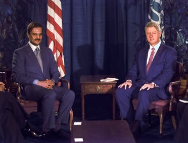 President Clinton poses for pictures with Saudi Foreign Minister Prince Saud Al-Faisal before a meeting at the United Nations Tuesday, Sept. 24, 1996. (AP Photo/Greg Gibson)