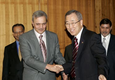 United Nations Secretary General Ban Ki-moon, right, greets Prince Saud Al-Faisal, Foreign Affairs minister of Saudi Arabia at U.N. headquarters in New York Thursday, Sept. 25, 2008. (AP) 