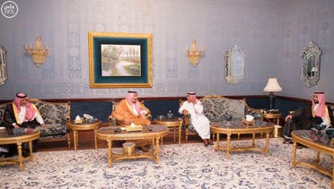 King Salman bin Abdulaziz (center) paid his brother former Crown Prince Muqrin bin Abdulaziz a visit following the pledge of allegiance to the new Crown Prince Mohammad bin Nayef (far left) and Deputy Crown Prince Mohammad bin Salman (far right). (Courtesy: SPA)