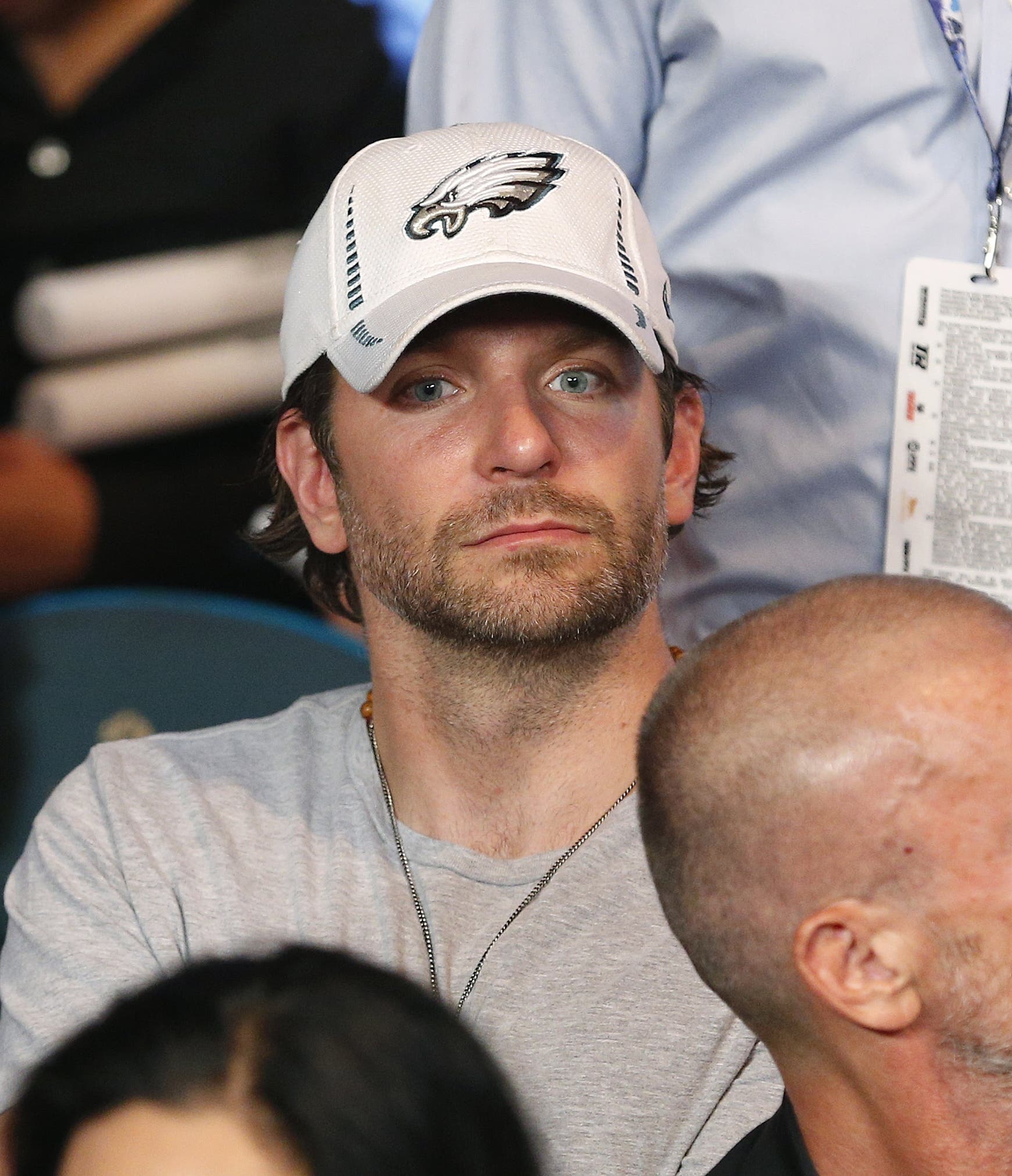 Actor Bradley Cooper watches before the start of the world welterweight championship. (AP)