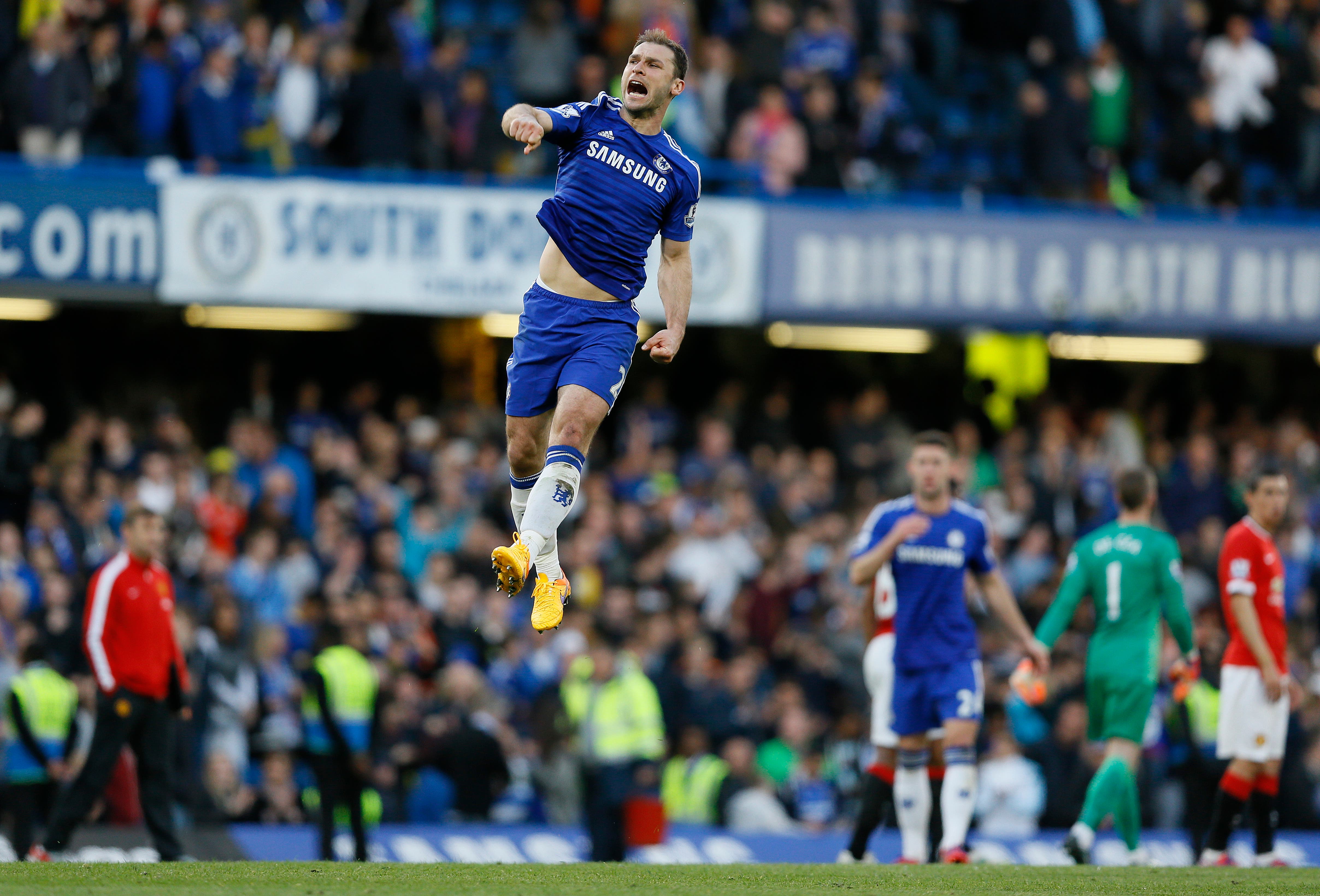 Chelsea's Branislav Ivanovic celebrates at the end of the English Premier League soccer match between Chelsea and Manchester United at Stamford Bridge stadium in London, Saturday, April 18, 2015. Chelsea won the match 1-0. (AP Photo/Kirsty Wigglesworth)