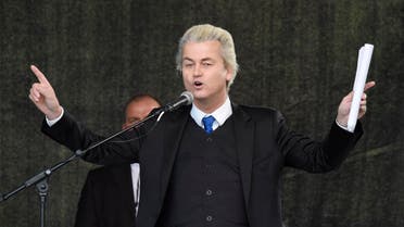 Geert Wilders, leader of the Dutch anti-Islam Freedom Party, speaks at a rally of so-called 'Patriotic Europeans against the Islamization of the West' (PEGIDA) in Dresden, Germany, Monday, April 13, 2015. (AP Photo/Jens Meyer)