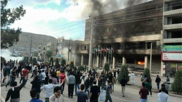 Kurdish protesters in Iran's Mahabad setting hotel on fire. (Photo courtesy: Twitter) 