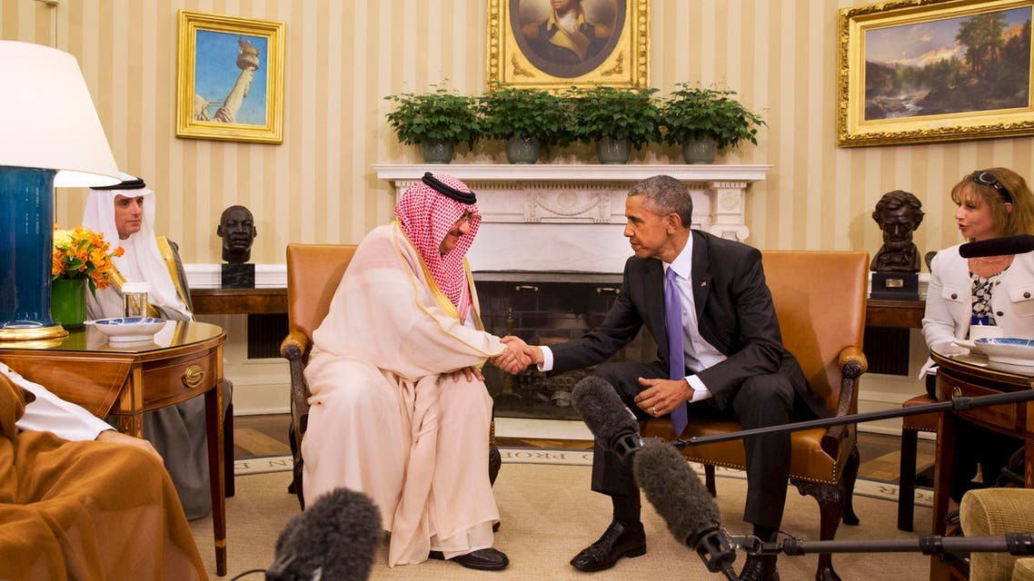 President Barack Obama shakes hands with Saudi Arabia's Crown Prince Mohammed bin Nayef, Wednesday, May 13, 2015, in the Oval Office of the White House in Washington. AP