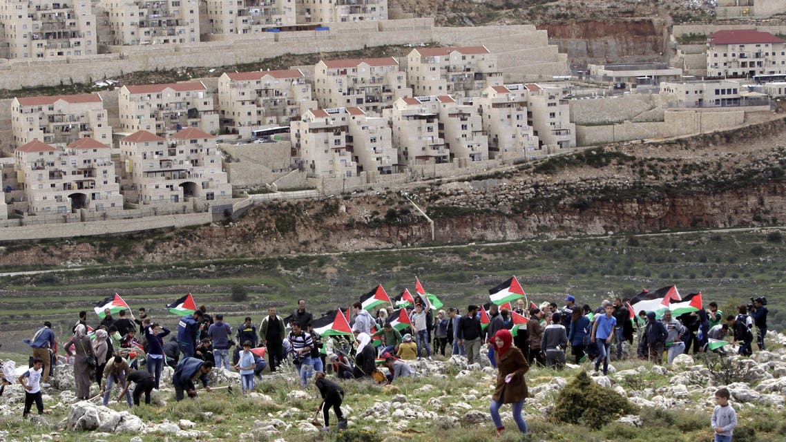 Palestinian protesters carry national flags and plant olive trees facing the Israeli settlement of Beitar Illit in the village of Wadi Fukin, near Bethlehem. (File: AP)