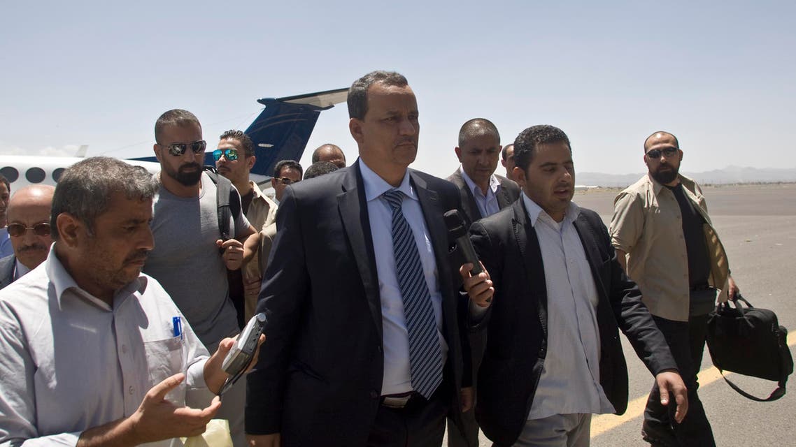 Ismail Weld al-Sheikh, new U.N. special envoy to Yemen, center, arrives at the international airport in Sanaa, Yemen, Tuesday, May 12, 2015.