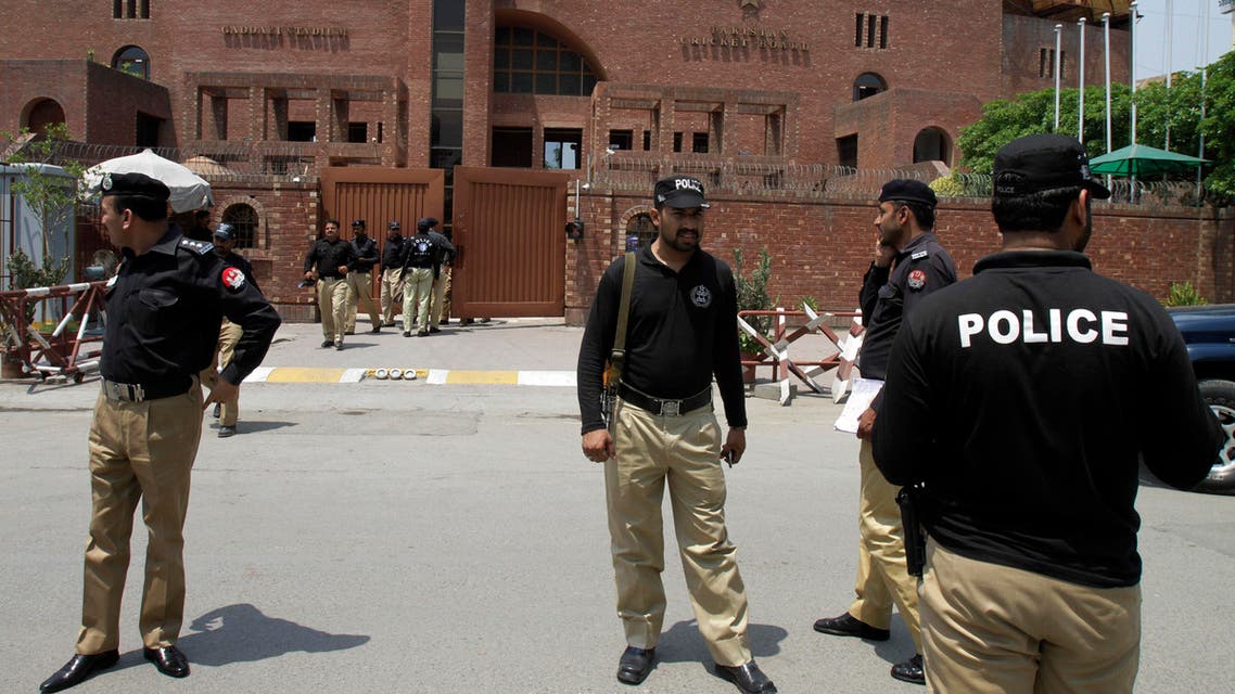 Pakistani police officers take part a security rehearsal for next week's cricket series between Pakistan and Zimbabwe at Gaddafi Stadium in Lahore, Pakistan, Saturday, May 16, 2015. AP