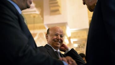 President of Yemen Abd-Rabbu Mansour Hadi laughs during a meeting with U.S. Secretary of State John Kerry at the Al-Nasarieh Guest Palace in Riyadh. (Reuters)