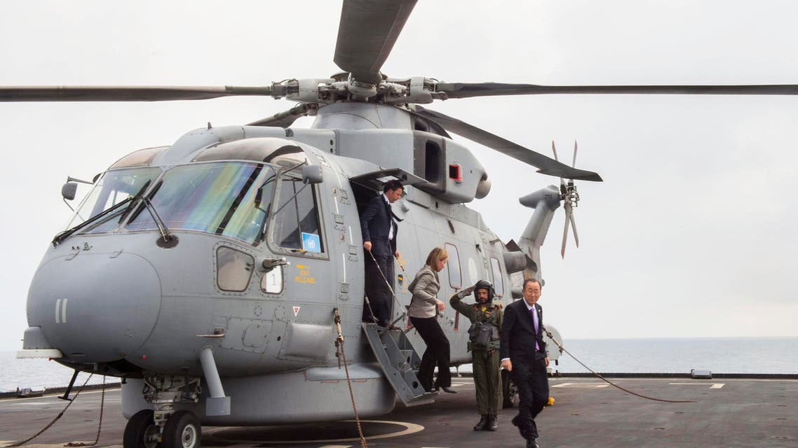 In this photo provided by the Italian Premier's Office, United Nations Secretary General Ban Ki-moon, right, Italian Premier Matteo Renzi, left, and European Union High Representative Federica Mogherini, second left, arrive for a visit to the Italian Navy ship ' San Giusto ', as that sails off the Sicilian coast in the Mediterranean Sea, Monday, April 27, 2015. (AP)