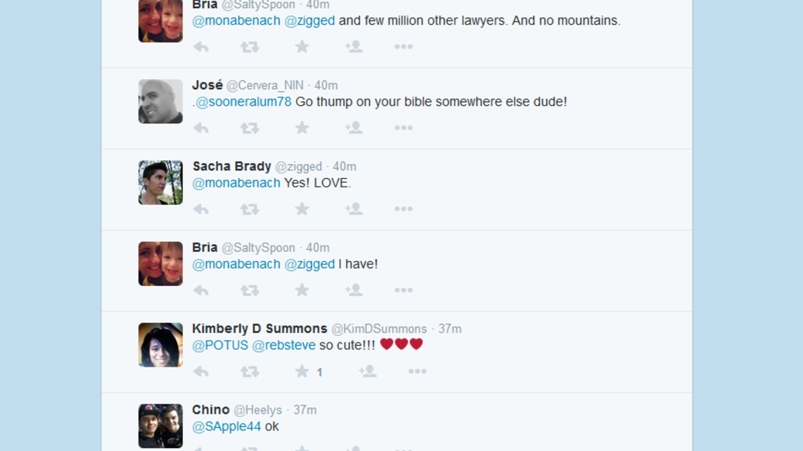 A screengrab of Obama's @POTUS Twitter account shows some of the responses to his Tweets (Screengrab)