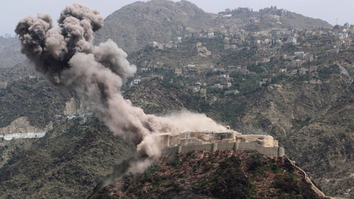 Smoke rises from al-Qahira castle, an ancient fortress that was recently taken over by Shiite rebels, following a Saudi-led airstrike in Taiz city, Yemen, Thursday, May 21, 2015. AP
