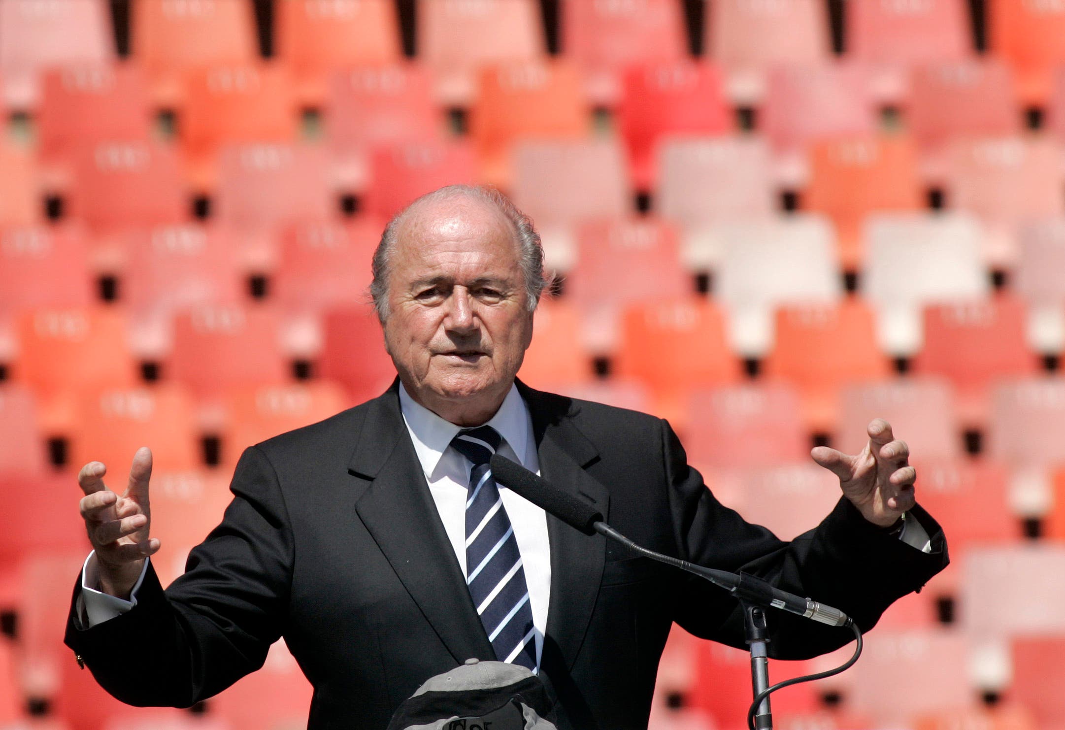FIFA President Sepp Blatter, speaks during media briefing at Ellis Park stadium in Johannesburg, South Africa, Wednesday Sept. 17, 2008. AP 