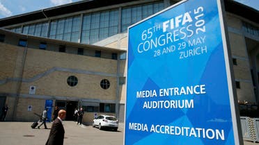 A sign is pictured outside the Hallenstadion during the 65th FIFA Congress in Zurich, Switzerland, May 29, 2015. REUTERS/Ruben Sprich