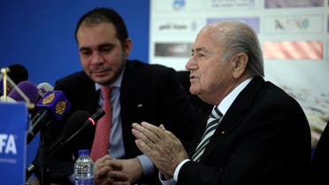 Sepp Blatter, right, the President of FIFA during his press conference with FIFA Vice President Jordan's Prince Ali Bin al-Hussein (L) in Amman, Jordan, Monday, May 26, 2014. (AP)