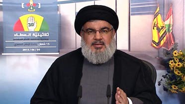 An image grab taken from Hezbollah's al-Manar TV on June 5, 2015, shows Hassan Nasrallah, the head of Lebanon's militant Shiite Muslim movement Hezbollah, giving a televised address from an undisclosed location in Lebanon. (AFP)