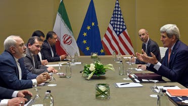 U.S. Secretary of State John Kerry, right, during official talks with Iranian Foreign Minister Mohammad Javad Zarif, left, in Geneva, Switzerland, Saturday, May 30, 2015. (AP)