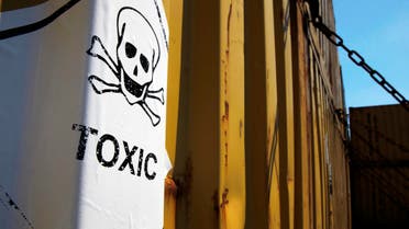 In this photo taken on Tuesday, May 13, 2014, a sticker reading "Toxic" on containers carrying Syria's dangerous chemical weapons. (AP)