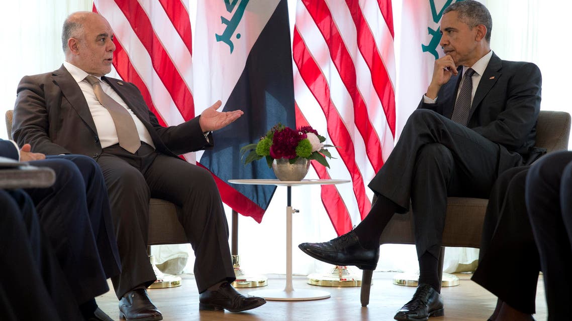 US President Barack Obama and Iraqi Prime Minister Haider al-Abadi, left, talk in a bilateral meeting during the G-7 summit in Schloss Elmau hotel near Garmisch-Partenkirchen, southern Germany, Monday, June 8, 2015. (AP Photo/Carolyn Kaster)