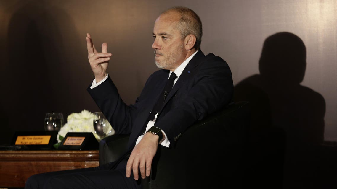 Stephane Richard, the chief executive officer of French mobile phone company Orange, gestures as he speaks during a press conference in Cairo, Egypt, Wednesday, June 3, 2015. AP