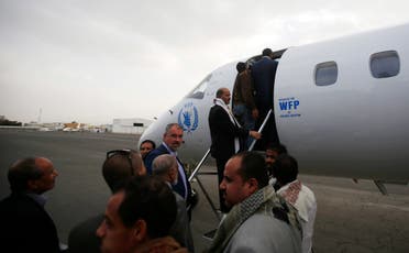 Yemeni political groups, including Shiite rebels known as Houthis, get on an airplane for Geneva for U.N.-led peace talks at the airport in Sanaa, Yemen, Sunday, June 14, 2015. AP