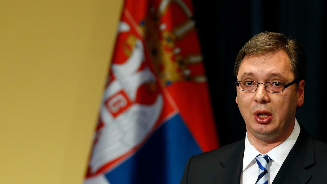 Serbia’s Prime Minister Aleksandar Vucic speaks during a press conference in Belgrade, Serbia, Friday, June 19, 2015. Vucic, who is a former hardline nationalist, said he is ready to attend the memorial ceremonies in July marking the 20th anniversary of the massacre in Srebrenica.(AP Photo/Darko Vojinovic)