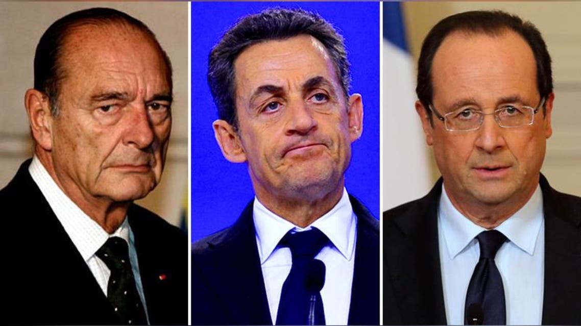الرئيس الفرنسي فرنسوا هولاند وسلفيه نيكولا ساركوزي وجاك شيراك.