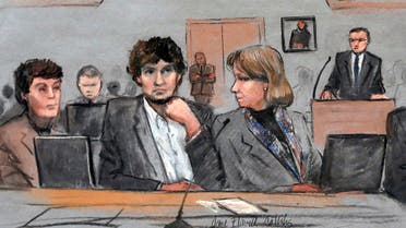 In this courtroom sketch, Dzhokhar Tsarnaev, center, is depicted between defense attorneys Miriam Conrad, left, and Judy Clarke, right, during his federal death penalty trial, Thursday, March 5, 2015, in Boston. Tsarnaev is charged with conspiring with his brother to place two bombs near the Boston Marathon finish line in April 2013, killing three and injuring 260 people. (Jane Flavell Collins via AP)
