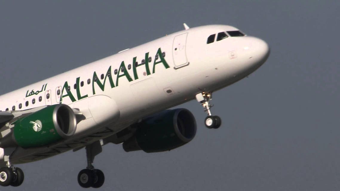 A still from a al-Maha Airways promotional video showing an Airbus jet in flight with al-Maha's livery (Video grab)