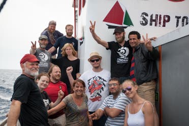 A NGO, shows crew members aboard the Marianne ship, one of four ships attempting to breach a naval blockade of Gaza. (AP)