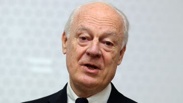 UN Special Envoy for Syria Staffan de Mistura informs the press after talks with Austrian Foreign Minister Sebastian Kurz at the foreign ministry in Vienna, Austria, Friday, Feb. 13, 2015. (AP 