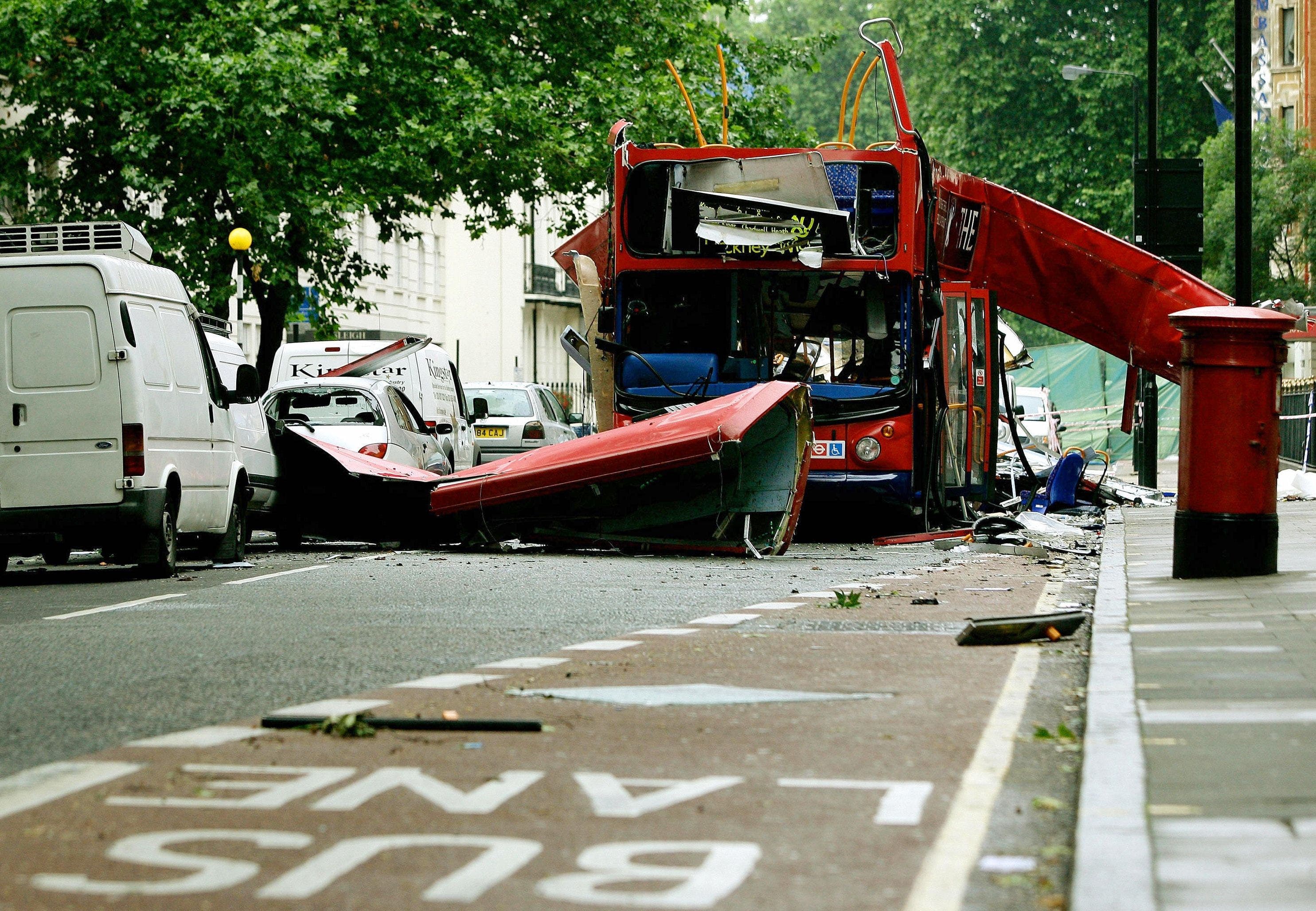 A file picture taken on July 8, 2005, shows the Number 30 London bus after it was damaged by an explosion.(AFP)