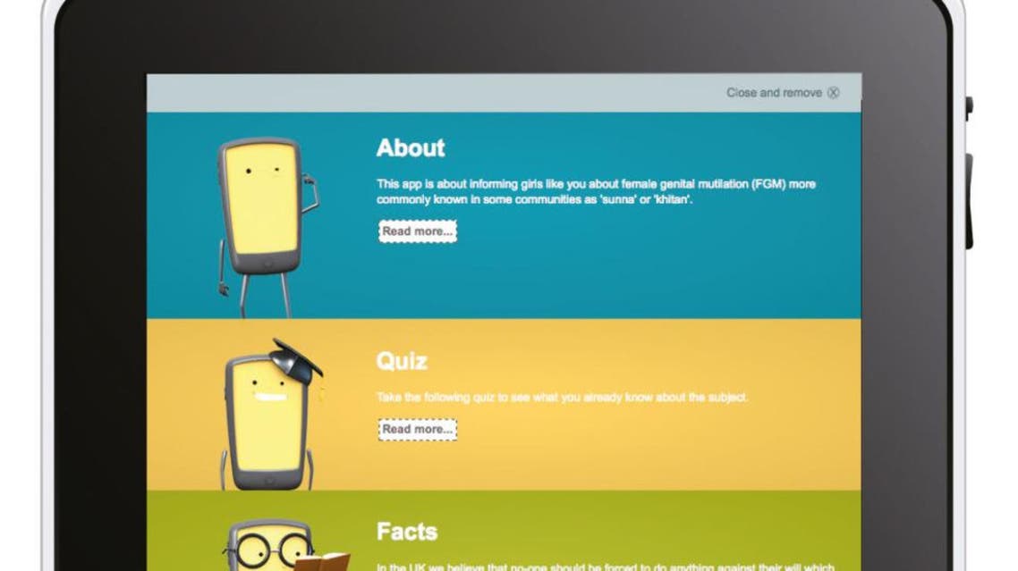 Britain’s first FGM app, “Petals”, presents facts and information about the practice, offers a quiz to test the user’s knowledge and provides details on where young girls can receive help. (Screengrab)