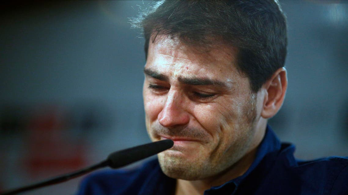 Real Madrid's goalkeeper Iker Casillas reacts during press conference at the Santiago Bernabeu stadium in Madrid, Spain, Sunday, July 12, 2015. AP
