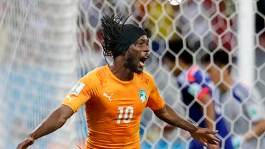 Ivory Coast's Gervinho celebrates scoring his side's second goal against Japan during the group C World Cup soccer match at the Arena Pernambuco in Recife, Brazil, Saturday, June 14, 2014. (AP)