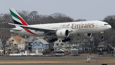 An Emirates Airlines Boeing 777 lands at Logan International Airport in Boston, Monday, March 10, 2014. Emirates Airlines launched daily service between Boston and Dubai on Monday afternoon. (AP Photo/Michael Dwyer)