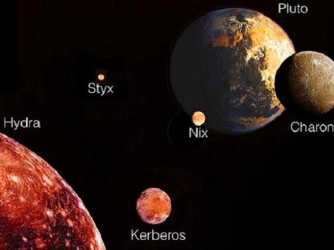 صورة مركبة لغرافيك عن بلوتو وأقماره الخمسة، وأكبرها شارون 