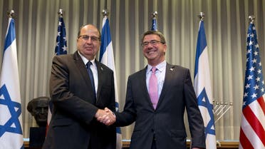 US Defense Secretary Ashton Carter (R) is greeted by Israeli Defence Minister Moshe Yaalon ahead of their meeting in Tel Aviv, on July 20, 2015. AFP 