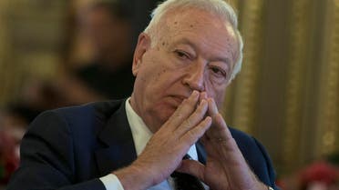 Spain's Foreign Minister Jose Manuel Garcia-Margallo pauses after speaking about three missing Spanish journalists in Syria during a conference in Madrid, Spain, Wednesday, July 22, 2015. 
