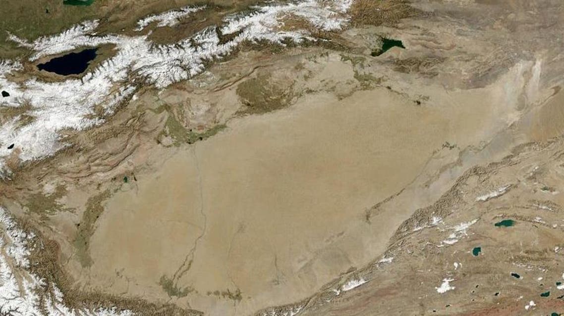 A satellite view of the Tarim basin, which lies in the same area as China's largest desert (NASA)