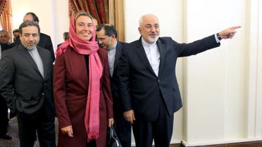Iran's Foreign Minister Zarif, European Union foreign policy chief Mogherini and Iran's chief nuclear negotiator Araghchi arrive for meeting in Tehran. (Reuters)