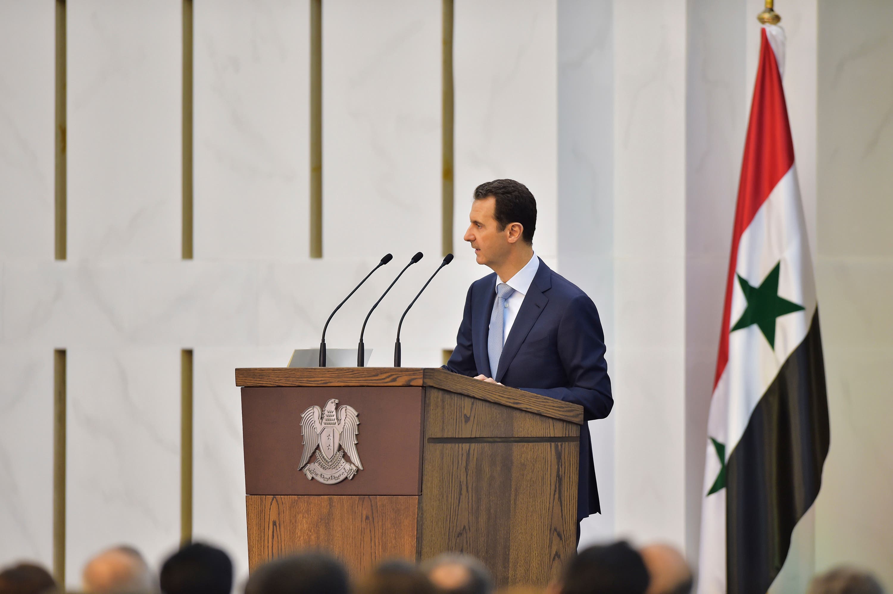 In this photo released by the Syrian official news agency SANA, Syrian President Bashar Assad delivers a speech in Damascus, Syria, Sunday, July 26, 2015. (AP)
